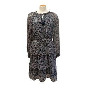 Dip Navy Green Floral Long Sleeve Tiers Dress